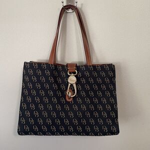 Dooney & Bourke D&B Monogram Black Canvas Leather Trim Logo Lock Tote Purse Bag